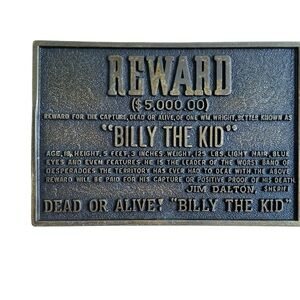 Billy the Kid Vintage belt buckle Reward sheriff dead or alive Century Canada 3D